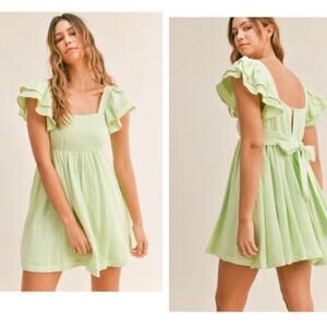 MABLE size small Green Ruched Ruffle mini Sundress textured babydoll